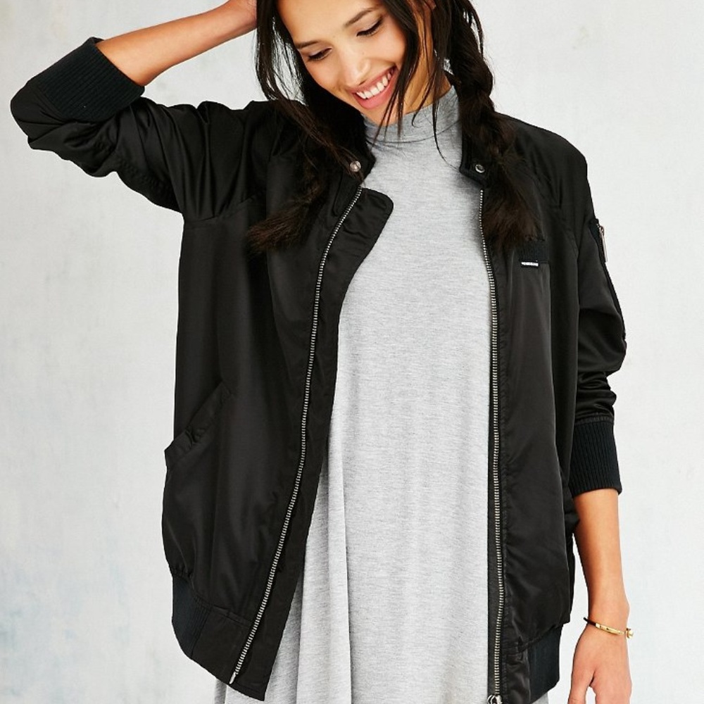 UO Members Only Black Satin Bomber Jacket